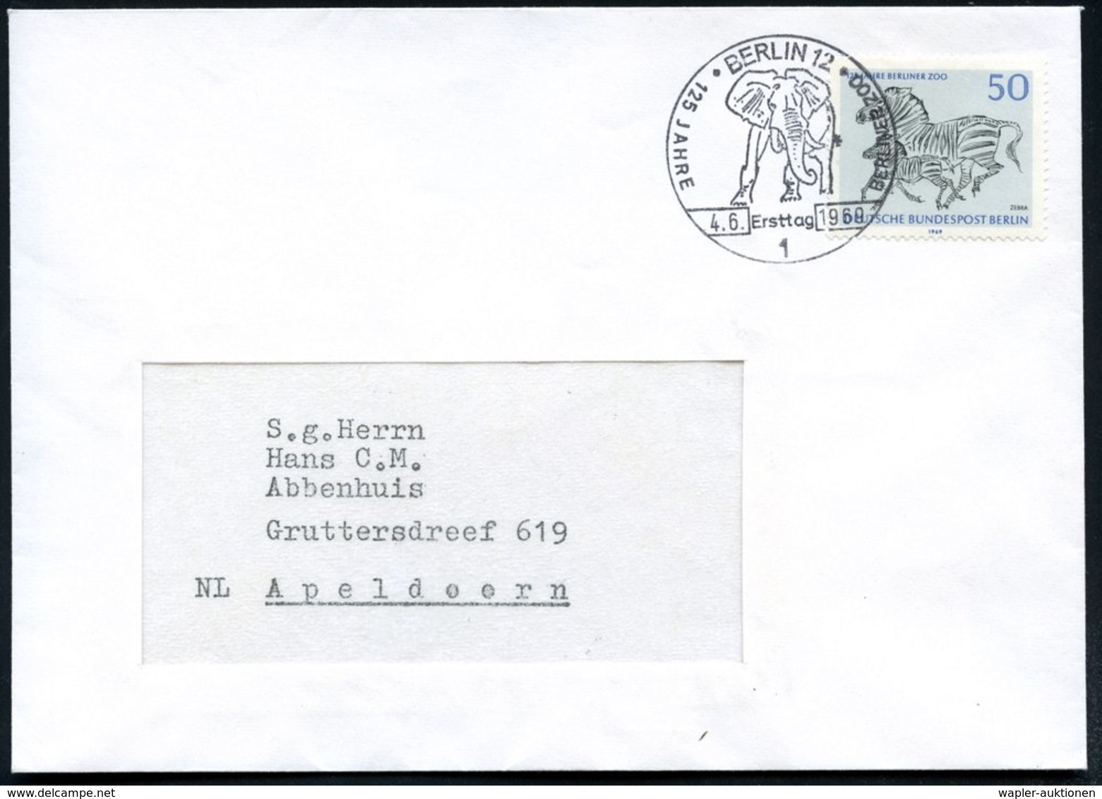 1969 (4.6.) 1 BERLIN 12, Sonderstempel: 125 JAHRE BERLINER ZOO.. = Elefant Auf Passender EF 50 Pf. "125 Jahre Berliner Z - Other & Unclassified