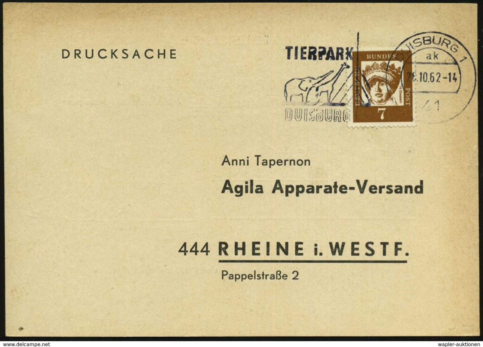 1962 (26.10.) 41 DUISBURG 1, Maschinen-Werbestempel Mit Neuer PLZ: TIERPARK DUISBURG = Rheinbrücke Mit Elefant U. Giraff - Other & Unclassified