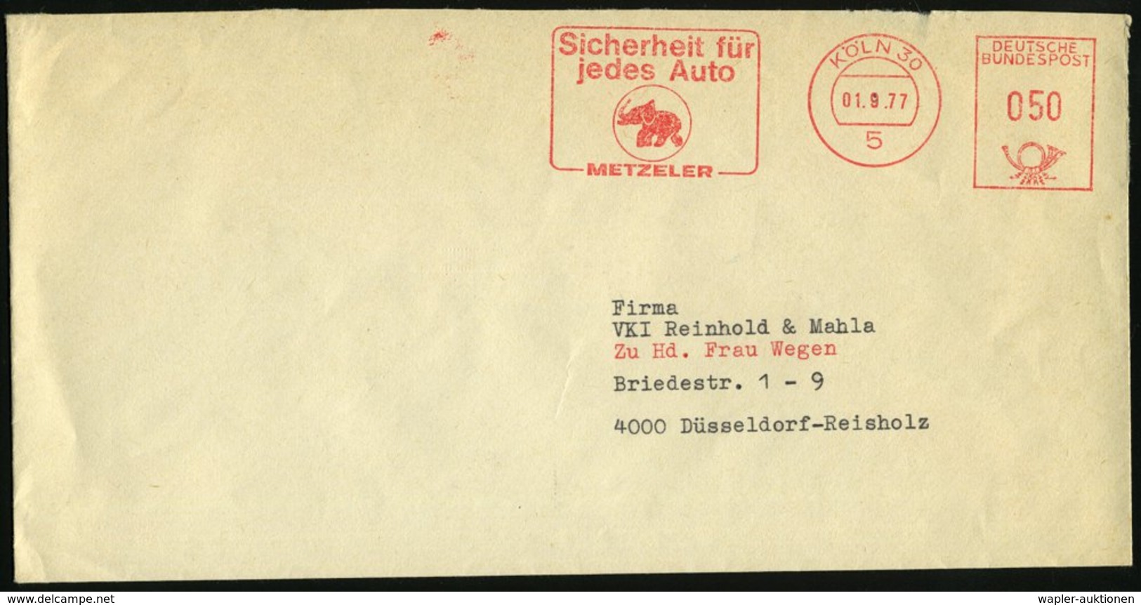 1977 (1.9.) 5 KÖLN 30, Absender-Freistempel: Sicherheit Für Jedes Auto, METZELER = Elefant (= Reifen-Hersteller) Firmenb - Other & Unclassified