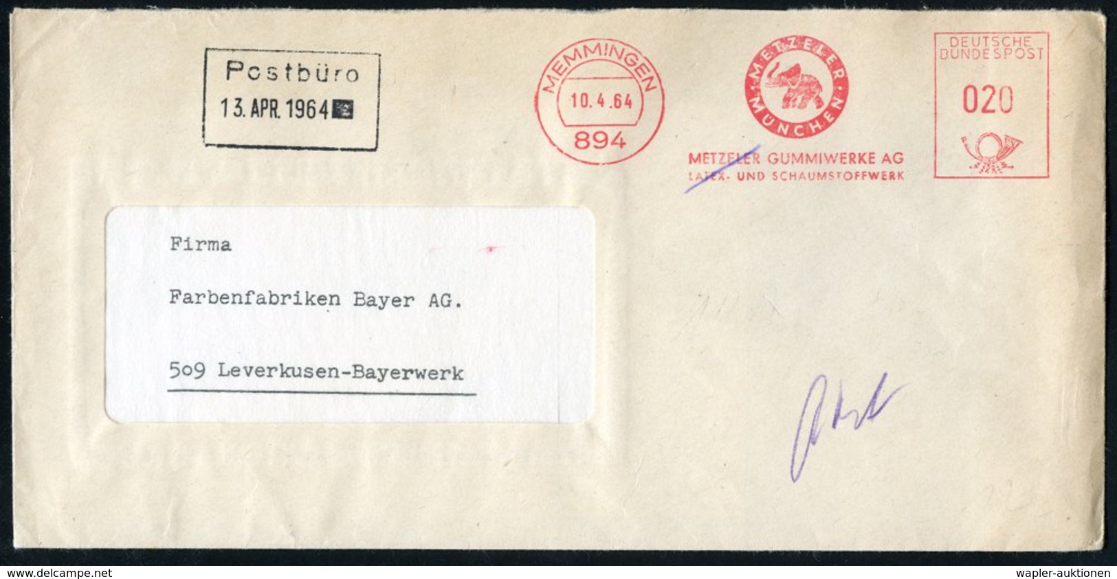 1964 (10.4.) 8940 MEMMINGEN, Absender-Freistempel: METZELER GUMMIWERKE AG = Elefant (= Reifen-Hersteller) Firmenbrief -  - Other & Unclassified