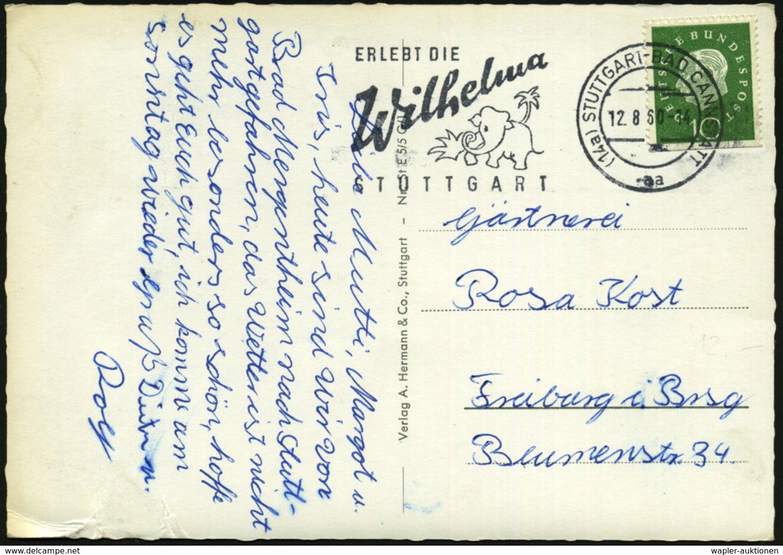 1960 (12.8.) (14 A) STUTTGART-BAD CANNSTATT, Maschinen-Werbestempel: ERLEBT DIE Wilhelma.. = Elefant (= Zoo Stuttgarts)  - Other & Unclassified