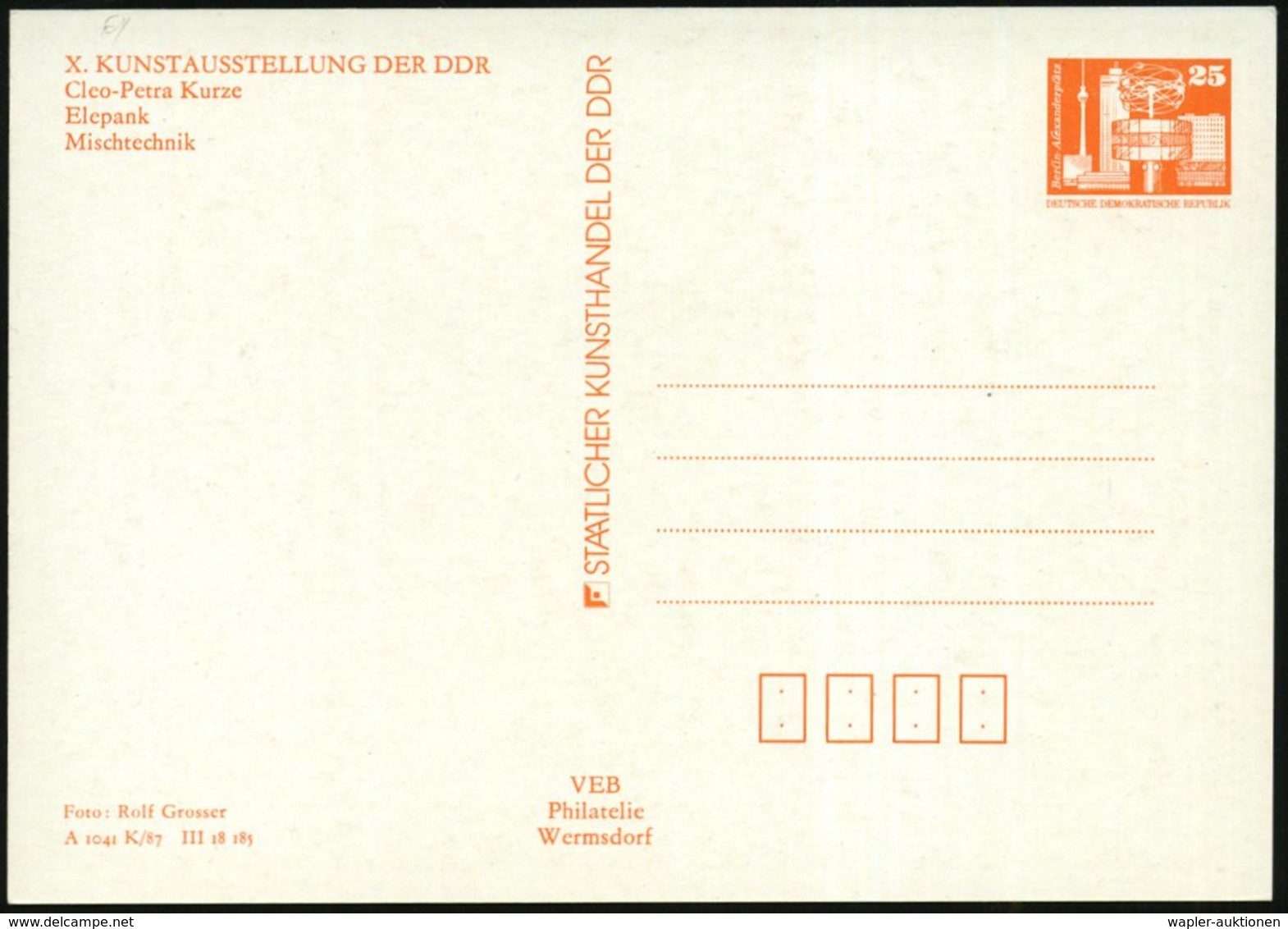 1987 D.D.R., PP 25 Pf. PdR., Orange: X. DDR-Kunstausstellung (Dresden): "Elepank" Von Cleo-Petra Kunze, Ungebr. (Mi.PP 1 - Other & Unclassified