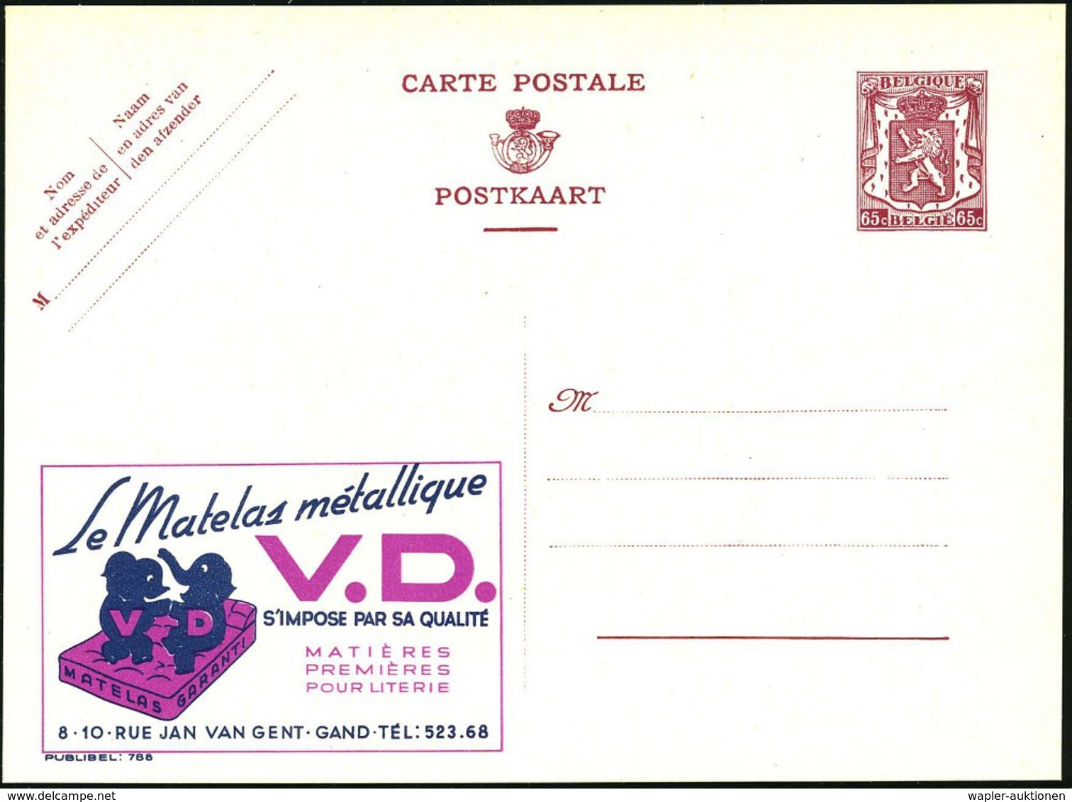 1946 BELGIEN, 65 C. Publibel-Ganzsache: Le Matelas Métallique V.D... = 2 Elefanten Auf Matratze, Ungebr. (Mi.P 222 B I / - Other & Unclassified