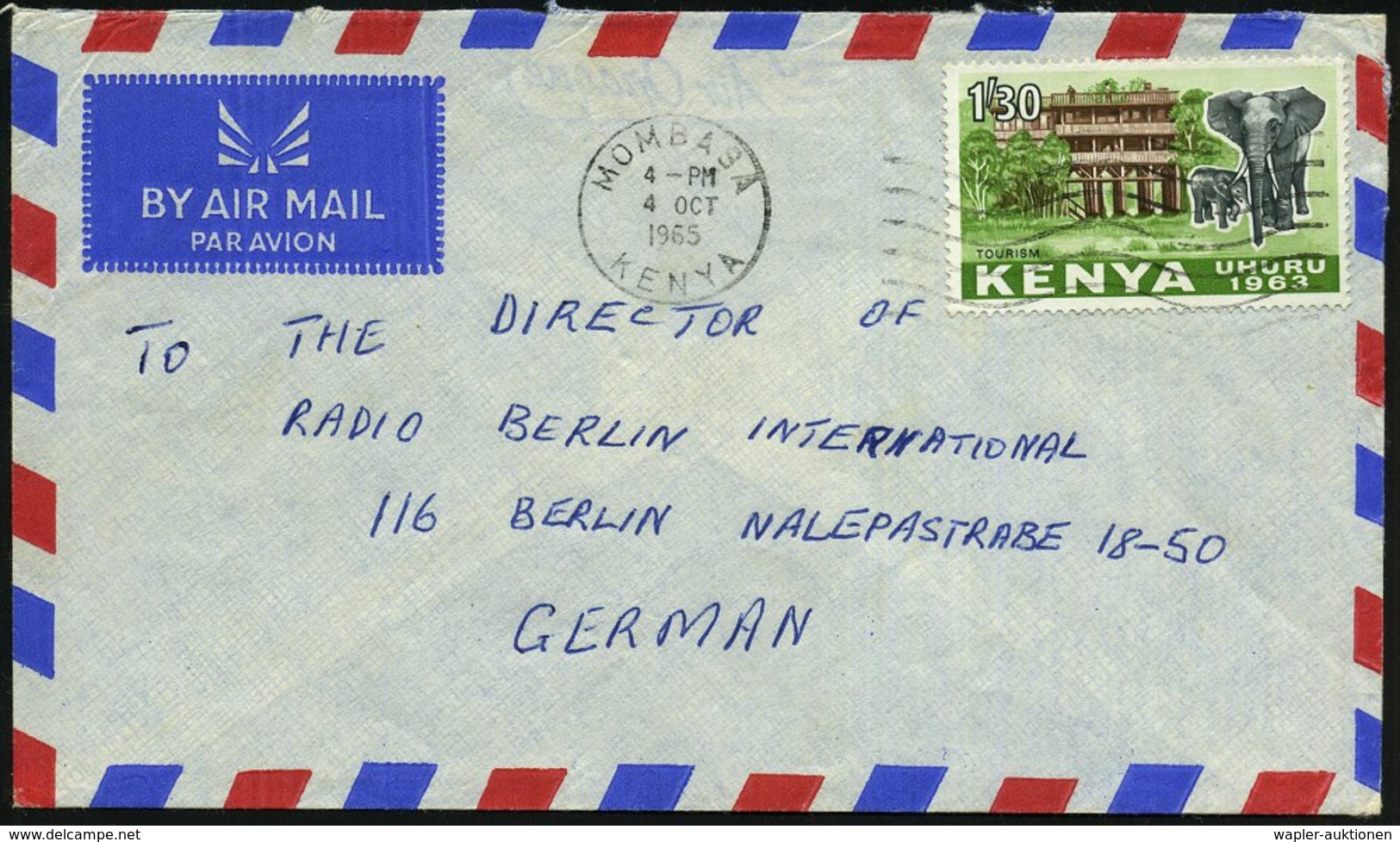 1965 (4.10.) KENYA, 1,30 Sh. UHURU , EF = Elefanten, Sauber Gest. Übersee-Flugpostbrief (Mi.10 EF) - Elefant / Elephant  - Other & Unclassified