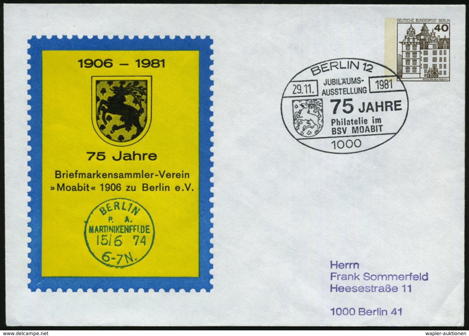 1981 (29.11.) 1000 BERLIN 12, PU 40 Pf. Burgen, Braun: 75 Jahre BSV "Moabit" 1906.. = Wappen Mit Hirsch + Motivgleicher  - Other & Unclassified
