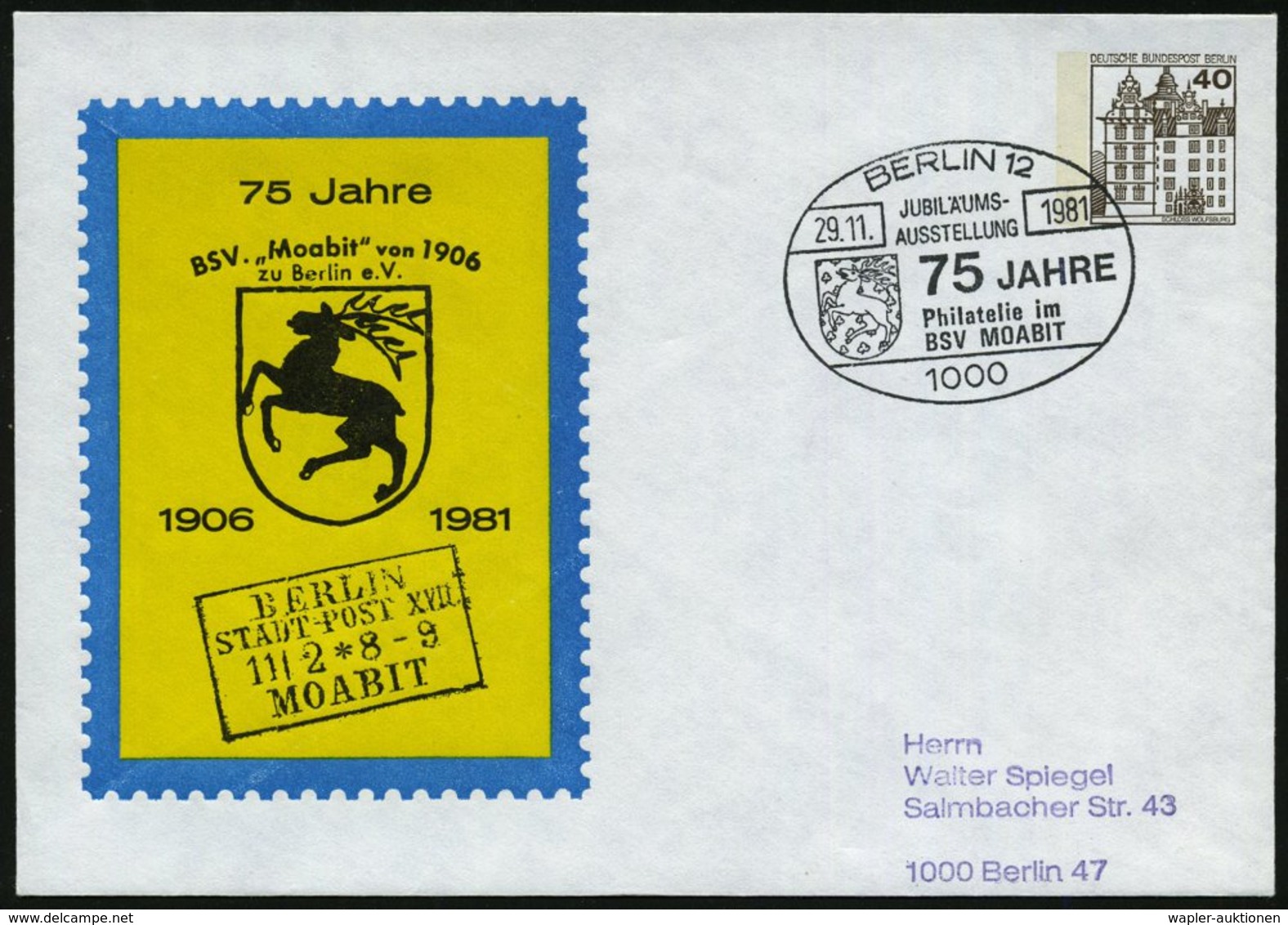 1981 (29.11.) 1000 BERLIN 12, PU 40 Pf. Burgen, Braun: 75 Jahre BSV "Moabit" Von 1906.. = Wappen Mit Hirsch + Motivgleic - Other & Unclassified