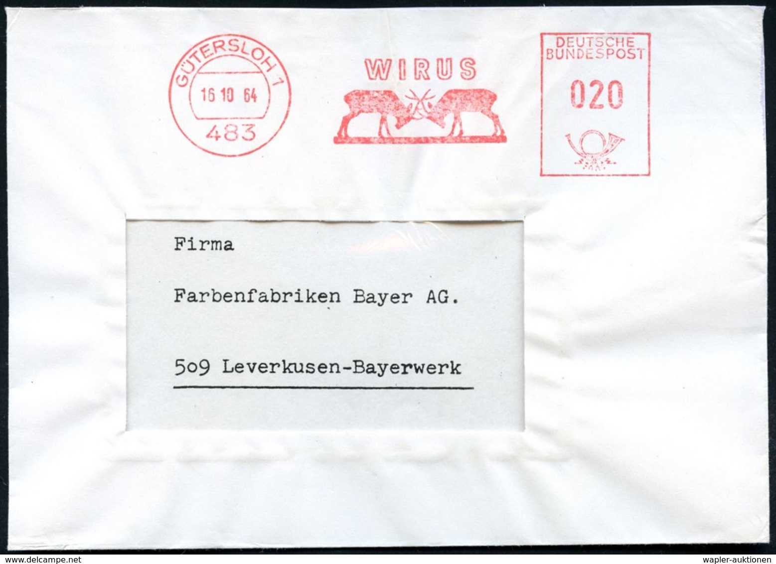 1964 483 GÜTERSLOH 1, Absender-Freistempel: WIRUS = 2 Kämpfende Hirsche, Rs. Abs.-Vordruck: WIRUS-WERKE; Fernbrief - Rot - Andere & Zonder Classificatie