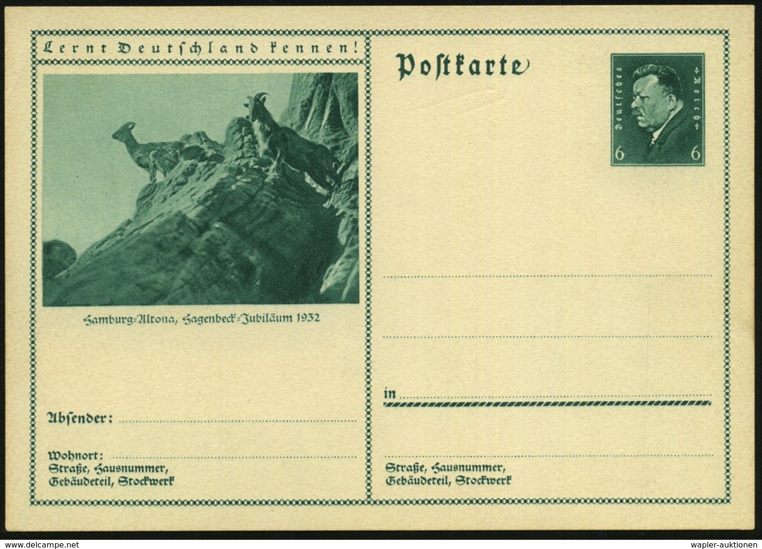 1932 Hamburg-Altona, 6 Pf. Bild-Ganzsache Ebert, Grün: Hagenbeck-Jubiläum 1932 = Gemsen (= Zoo Hamburg) Ungebr. (Mi.P 20 - Other & Unclassified