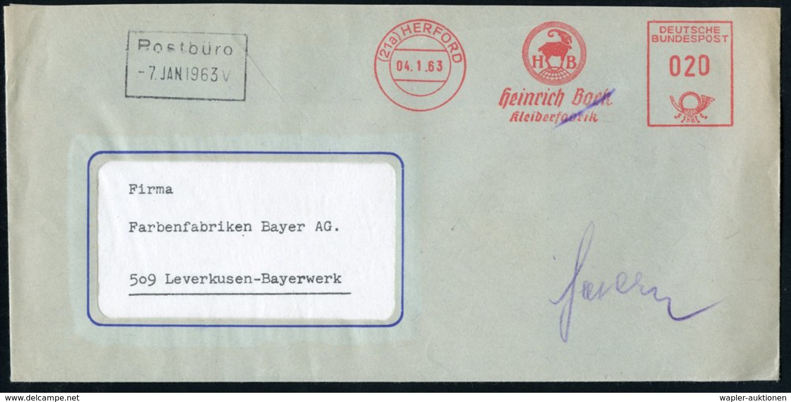 1963 (4.1.) (21 A) HERFORD; Absender-Freistempel: Heinrich Bock, Kleiderfabrik = Greißbock, Firmenbrief - Rot- & Schalen - Autres & Non Classés