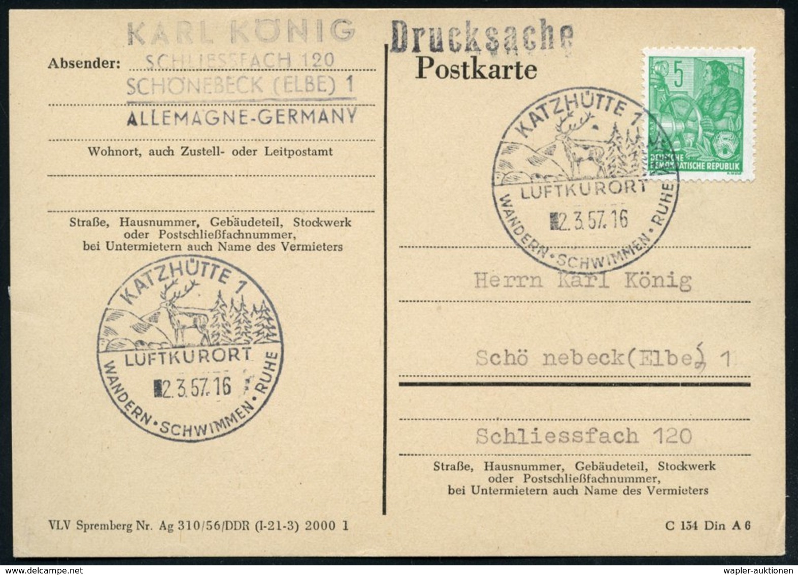 1957 (2.3.) KATZHÜTTE 1, Handwerbestempel: LUFTKURORT, WANDERN, SCHWIMMEN.. = Hirsch Vor Tannenwald, Inl.-Karte (Bo.1, N - Other & Unclassified