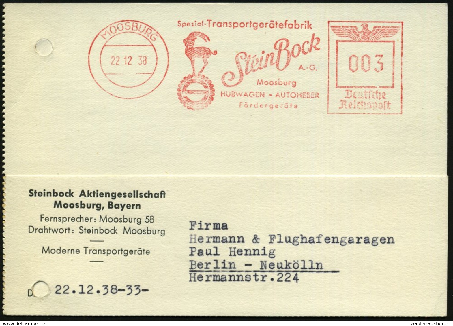 1938 (22.12.) MOOSBURG, Absender-Freistempel: Transportgerätefabrik Stein Bock.. = Steinbock (Reg.-Lochung Geschl.), Fir - Other & Unclassified