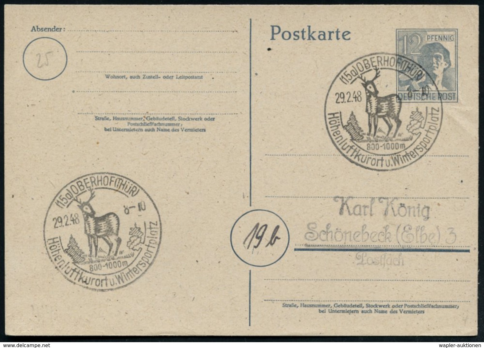 1948 (29.2.) (15 A) OBERHOF (THÜR), Hand-Werbestempel: Höhenluftkurort U. Wintersportplatz = Hirsch, Inl.-Karte (Bo.4) - - Other & Unclassified