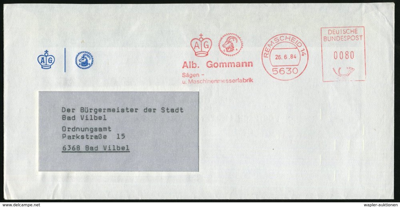 1984 (26.6.) 5630 REMSCHEID 14, Absender-Freistempel: Alb. Gommann, Sägen- U. Maschinenmesserfabrik = Gemsenkopf (u. Kro - Other & Unclassified