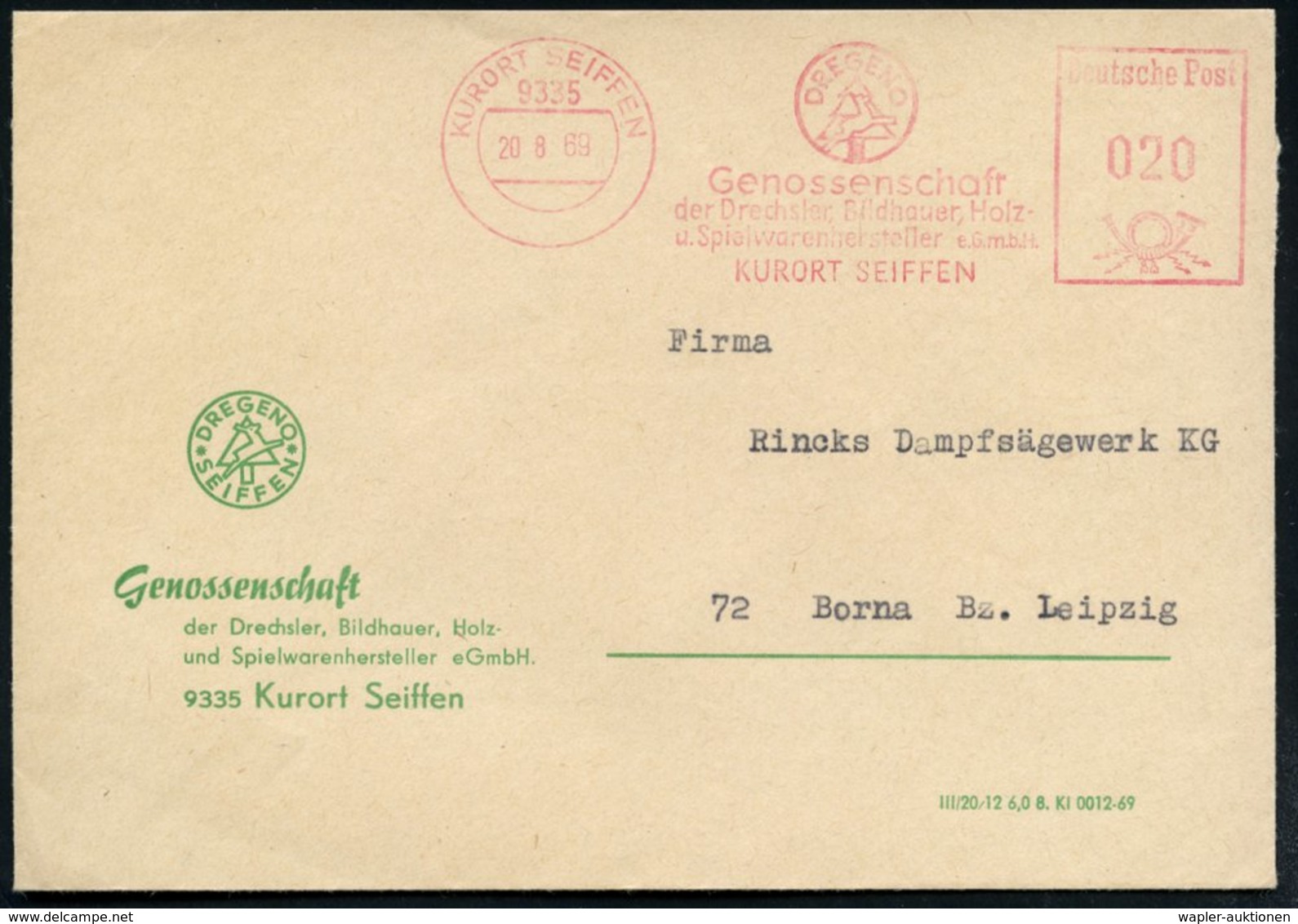 1969 (20.8.) 9335 SEIFFEN KURORT, Absender-Freistemßpel: Genossenschaft Der Dreher, Bildhauer, Holz- U. Spielwarenherste - Other & Unclassified