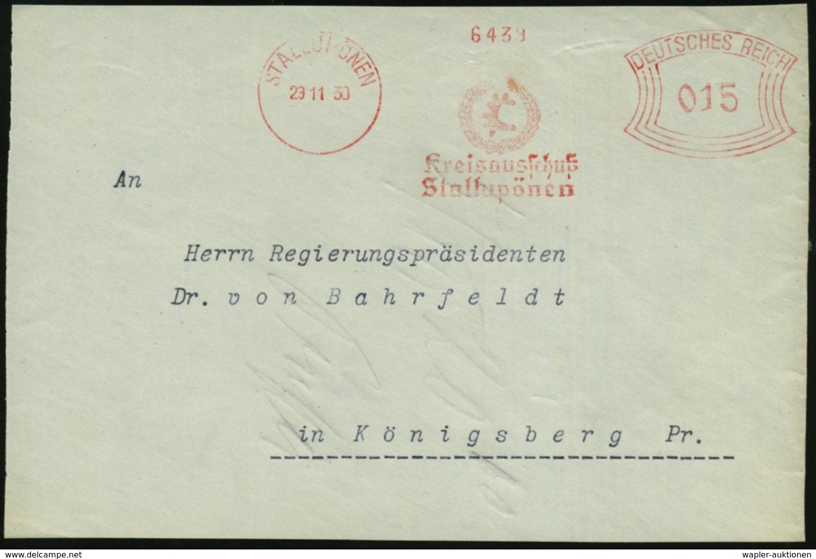 1930 (29.11.) STALLUPÖNEN, Absender-Freistempel: Kreisausschuß Stallupönen = Elch-Geweih (ab 1938 Umbenannt In Ebenrode, - Other & Unclassified