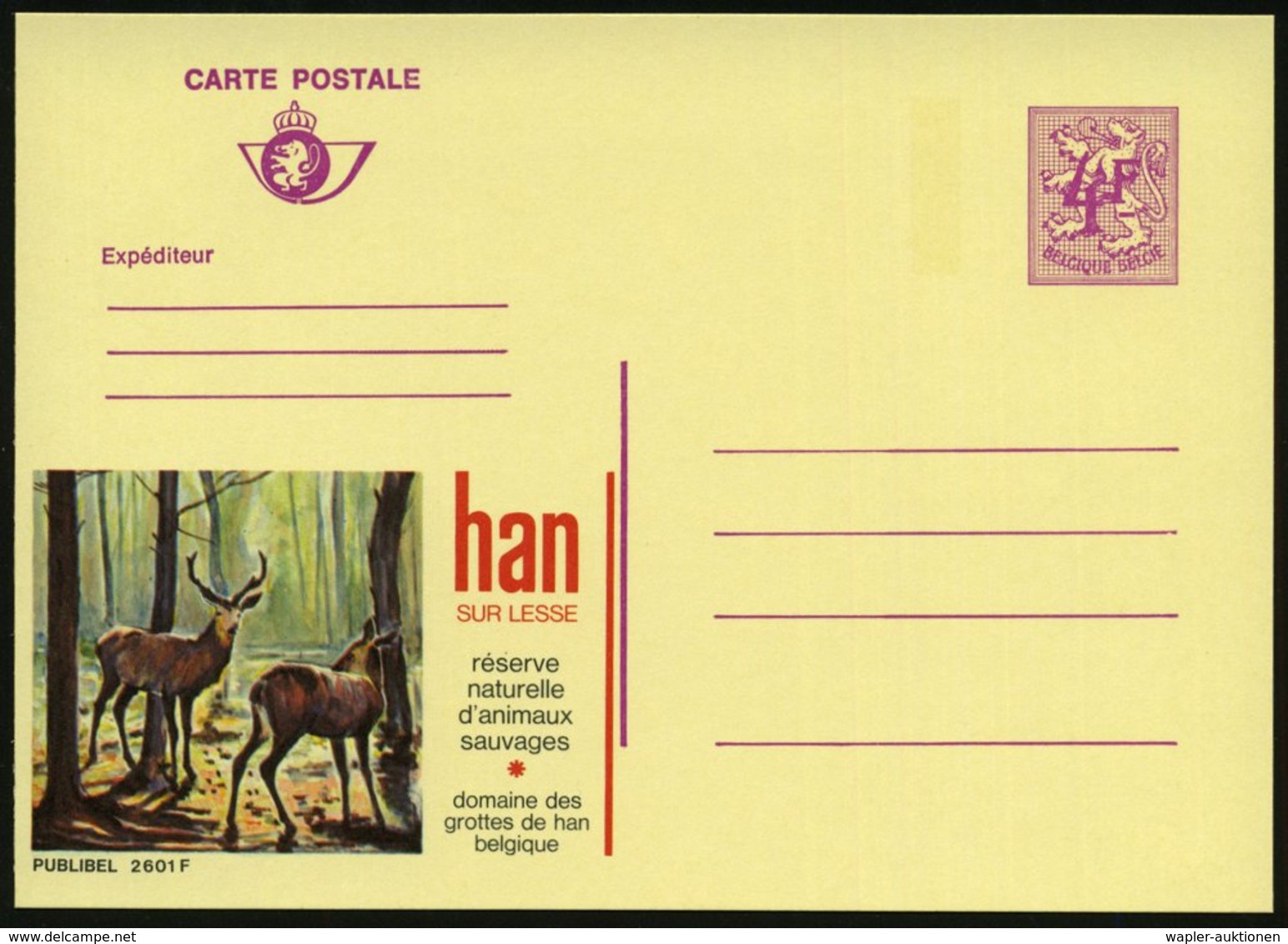 1974 BELGIEN; $ F. Publibel-Ganzsache, Viol.: Han SUR LESSE, Réserve Naturelle D'animaux Sauvages (Rotwild = Naturschutz - Other & Unclassified