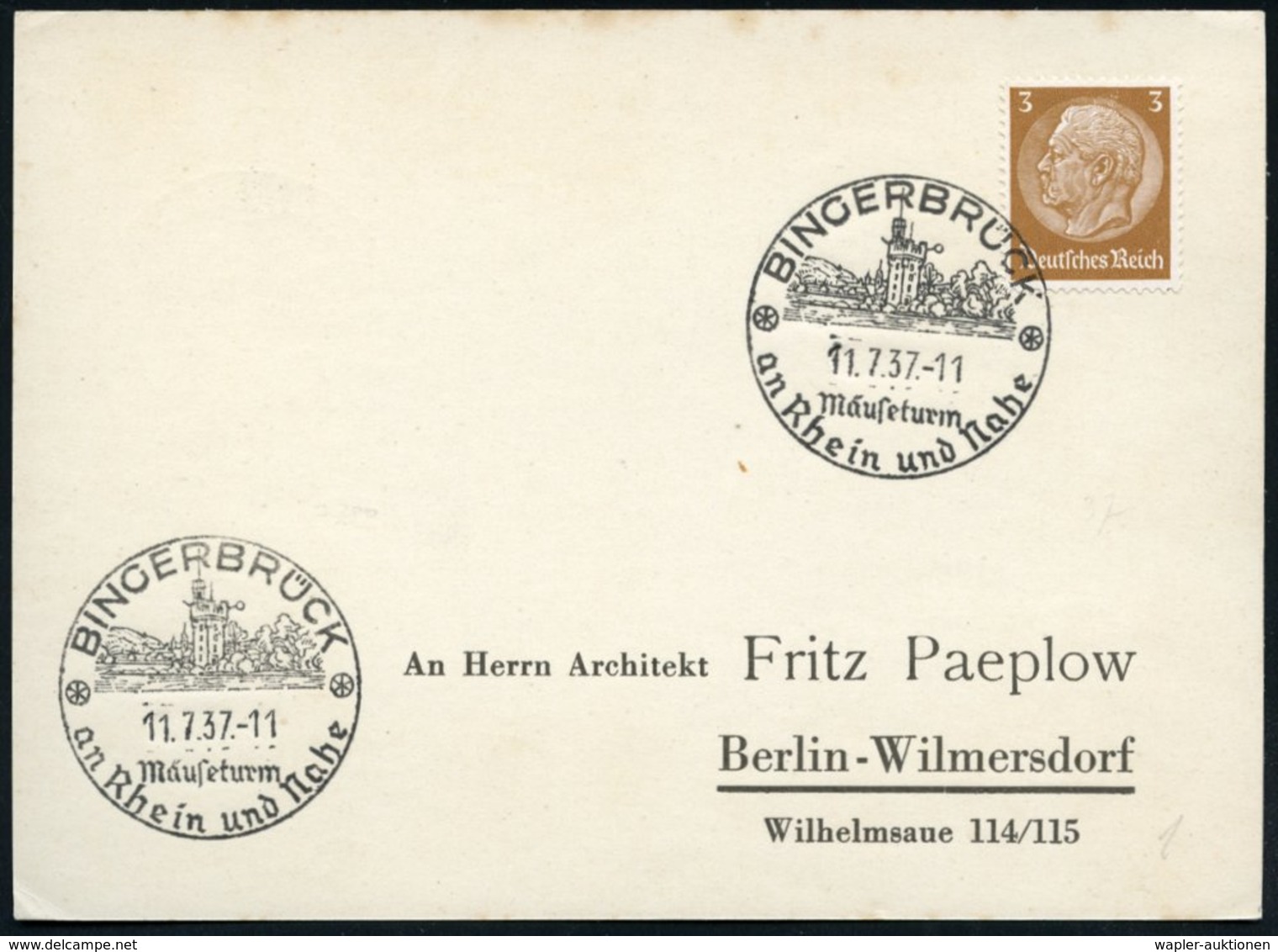 1937 (11.7.) BINGERBRÜCK, Handwerbestempel: Mäuseturm.. (= Mäuseturm Im Rhein) Inl.-Karte (Bo.1, Erstjahr) - Nagetiere & - Sonstige & Ohne Zuordnung