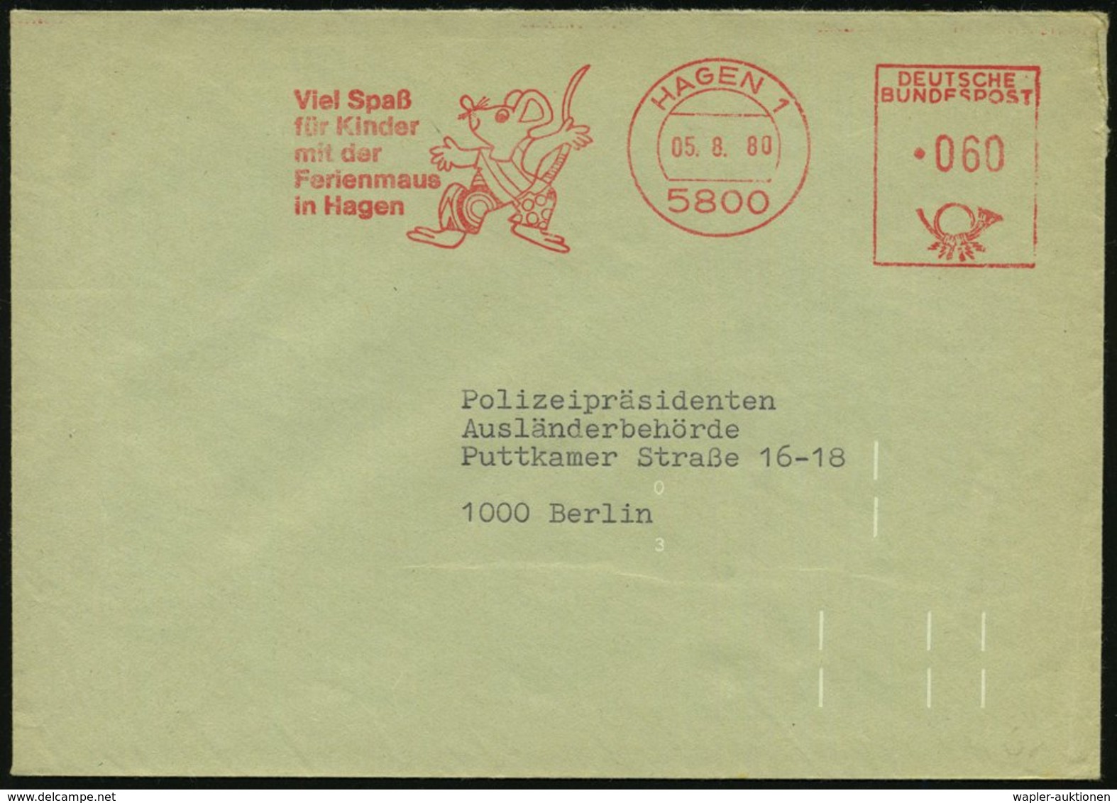 1980 (5.8.) 5800 HAGEN 1, Kommunaler Absender-Freistempel: Vel Spaß Für Kinder Mit Der Ferienmaus.. (Maus) Codierter Kom - Other & Unclassified