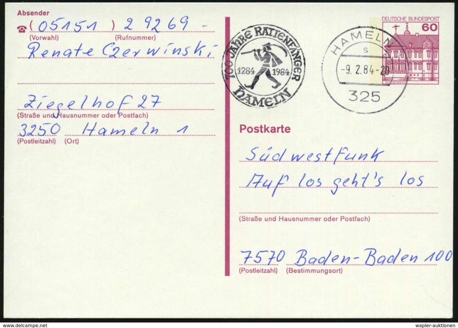 1984 (9.2.) 3250 HAMELN 1, Maschinen-Werbestempel: 700 JAHRE RATTENFÄNGER (= Rattenfänger Mit Flöte) Bedarfskarte (Bo.23 - Andere & Zonder Classificatie