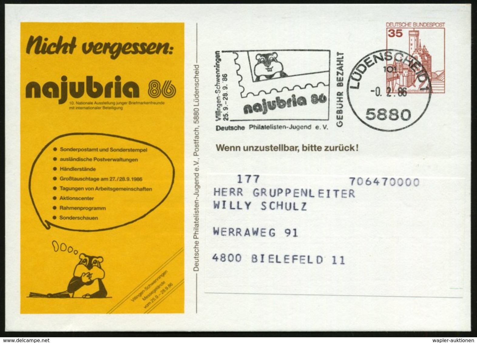 1986 (Feb.) 5880 LÜDENSCHEID 1, Absenderstempel "101" GEBÜHR BEZAHLT: Najubria 86.. (Vorausentwertung) = Hamster Auf Mot - Other & Unclassified