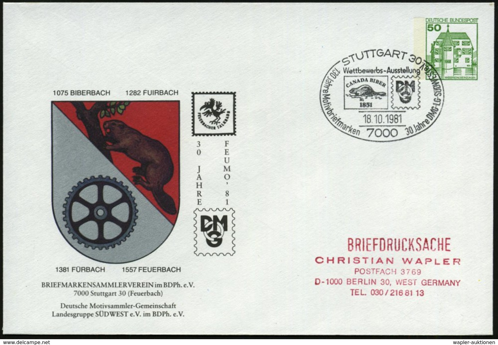 1981 (18.10.) 7000 STUTTGART 30, PU 50 Pf. Burgen, Grün: BIBERBACH.. DMG = Wappen Mit Biber (Mi.PU 113/ 36) + Motiv-ähnl - Other & Unclassified