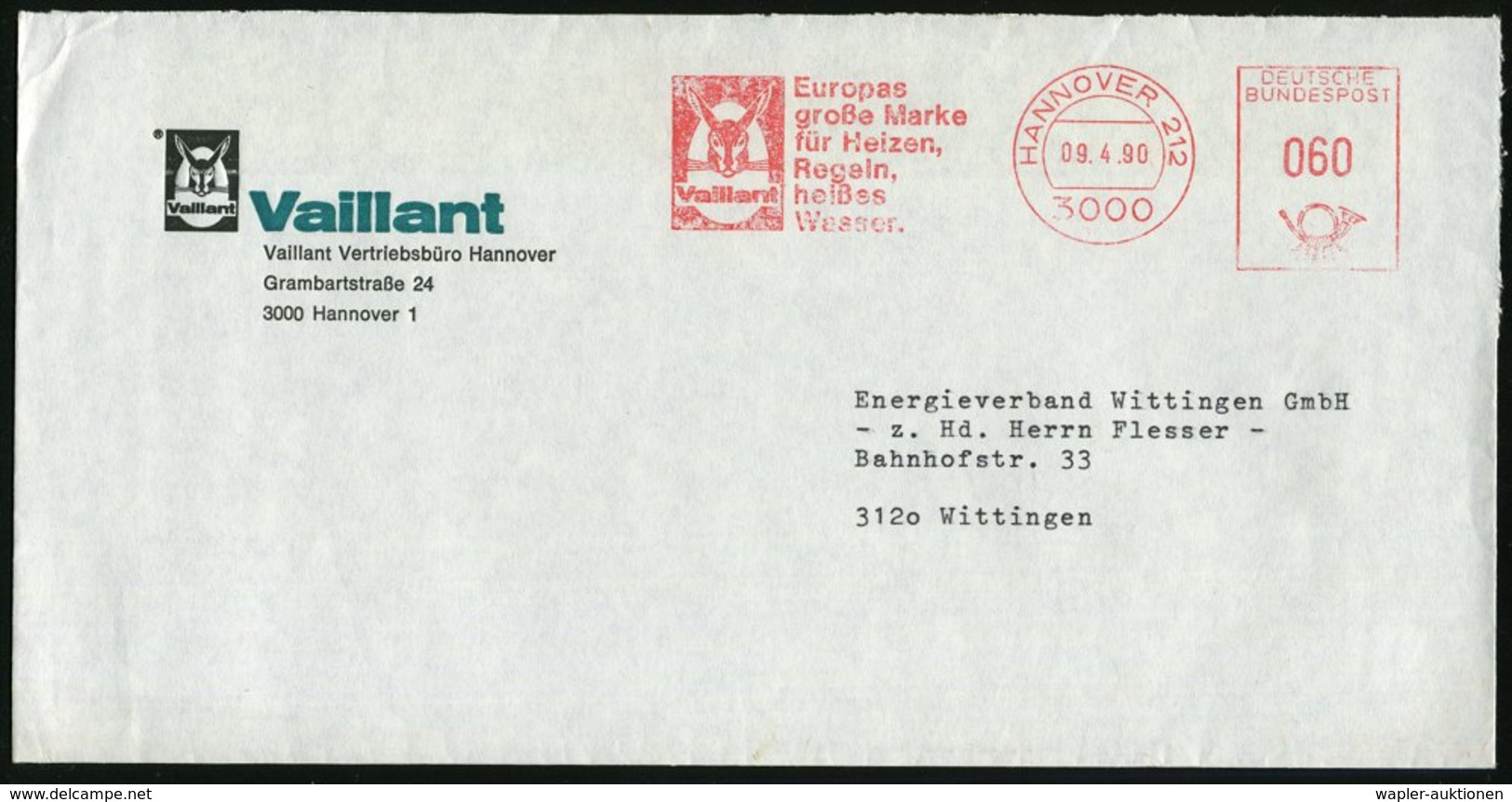 1990 (9.4.) 3000 HANNOVER 212, Absender-Freistempel: Vaillant, Europas Große Marke Für Heizen, Regeln, Heißes Wasser = H - Other & Unclassified