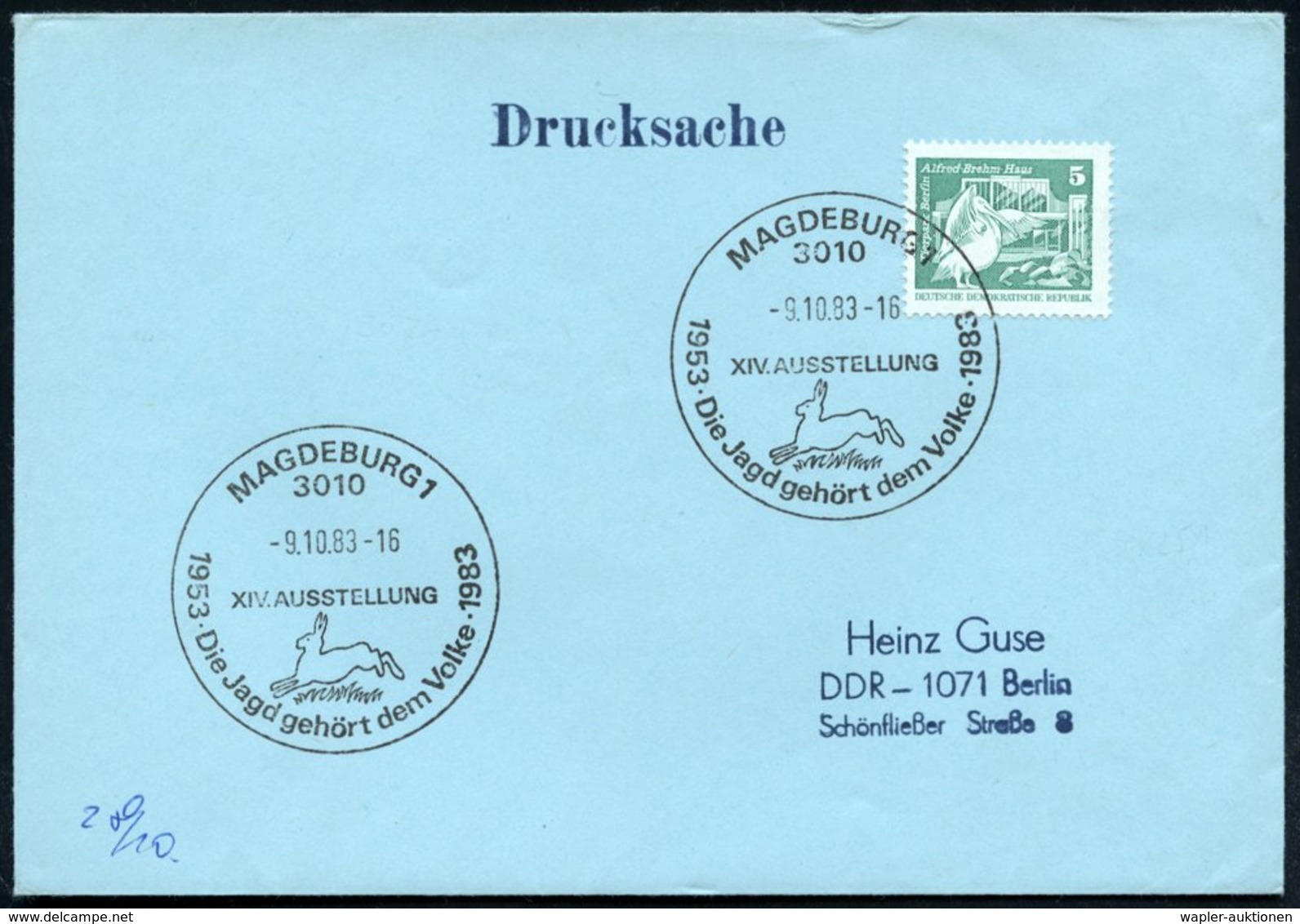 1983 (9.10.) 3010 MAGDEBURG 1, Sonderstempel: XVI. AUSSTELLUNG, Die Jagd Gehört Dem Volke = Fliehender Hase, Inl.-Brief  - Other & Unclassified