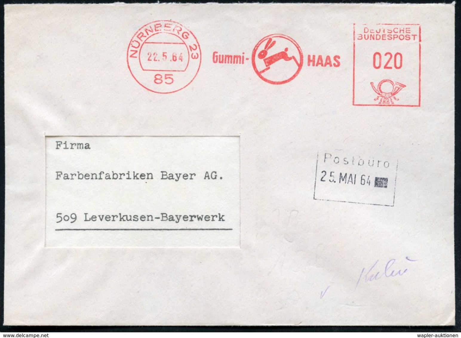 1964 (22.5.) 85 NÜRNBERG 23, Absender-Freistempel: Gummi-HAAS = Springender Hase, Firmenbrief - Hase & Kaninchen / Hare  - Other & Unclassified