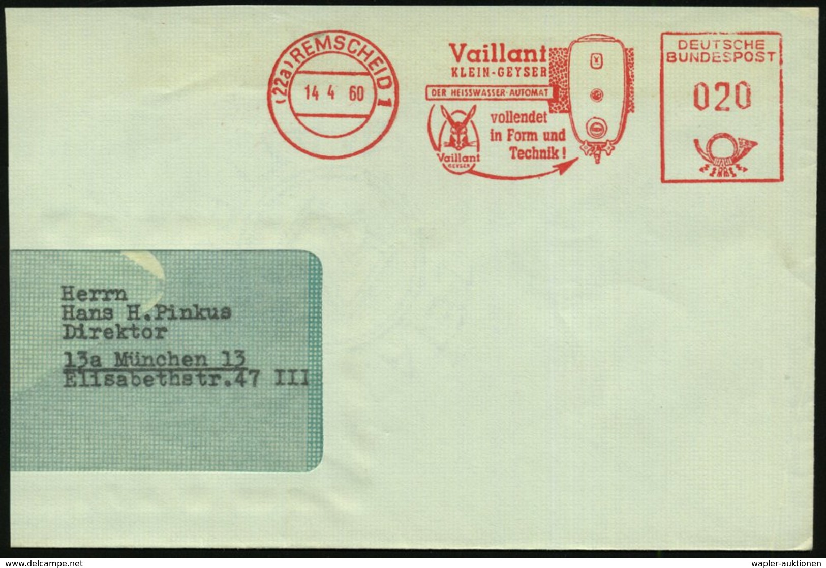 1960 (14.4.) (22 A) REMSCHEID !, Absender-Freistempel: Vaillant KLEIN-GEYSER DER HEISSWASSER-AUTOMAT.. (Boiler, Hasenkop - Other & Unclassified