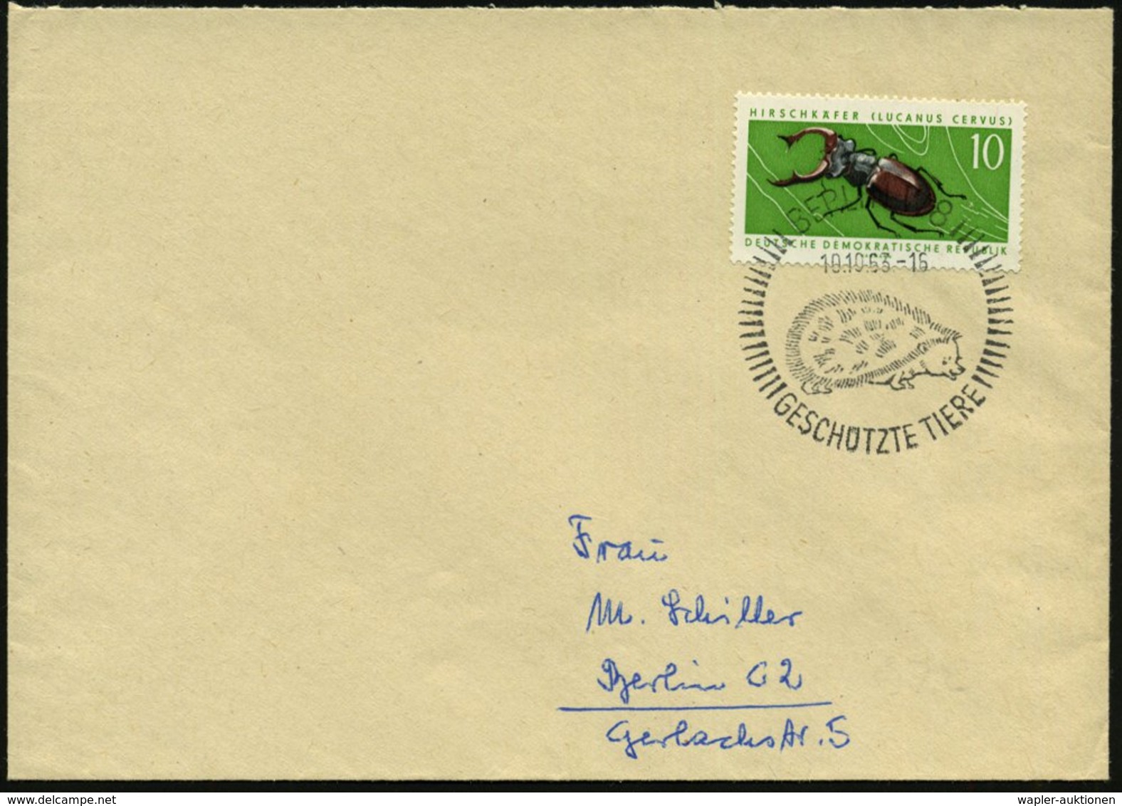 1963 (10.10.) BERLIN W 8, Sonderstemel: GESCHÜTZTE TIERE = Igel Auf Passender EF 10 Pf. Hirschkäfer (Mi.978 EF) Inl.-Bri - Other & Unclassified