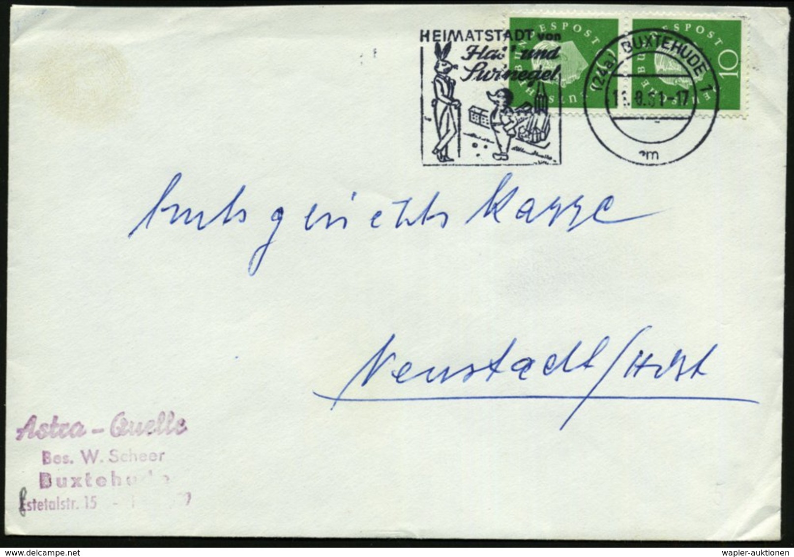 1961 (24 A) BUXTEHUDE 1, Maschinen-Werbestempel: HEIMATSTADT Von Has' U. Swinegel = Hase U. Igel (Grimm's Märchen) Inl.- - Other & Unclassified