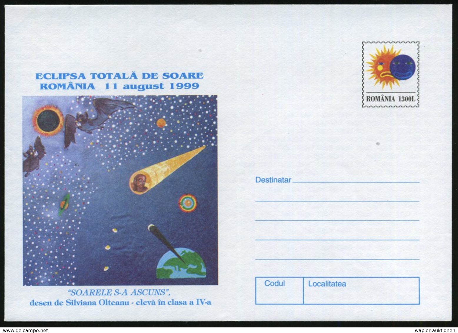 1999 RUMÄNIEN, 1300 L. Sonderganzsachen-Umschlag "Sonnenfinsternis" Am 11.8.1999 = 2 Fledermäuse, Weltall, Milchstraße E - Other & Unclassified
