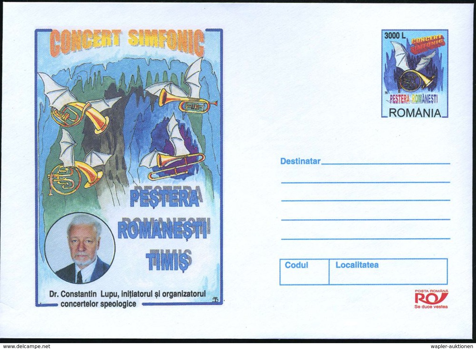 2002 RUMÄNIEN, 3000 L. Sonderganzsachen-Umschlag: Symphonisches Konzert In Der Romanesti-Höhle = Musik-Instrumente Als F - Other & Unclassified