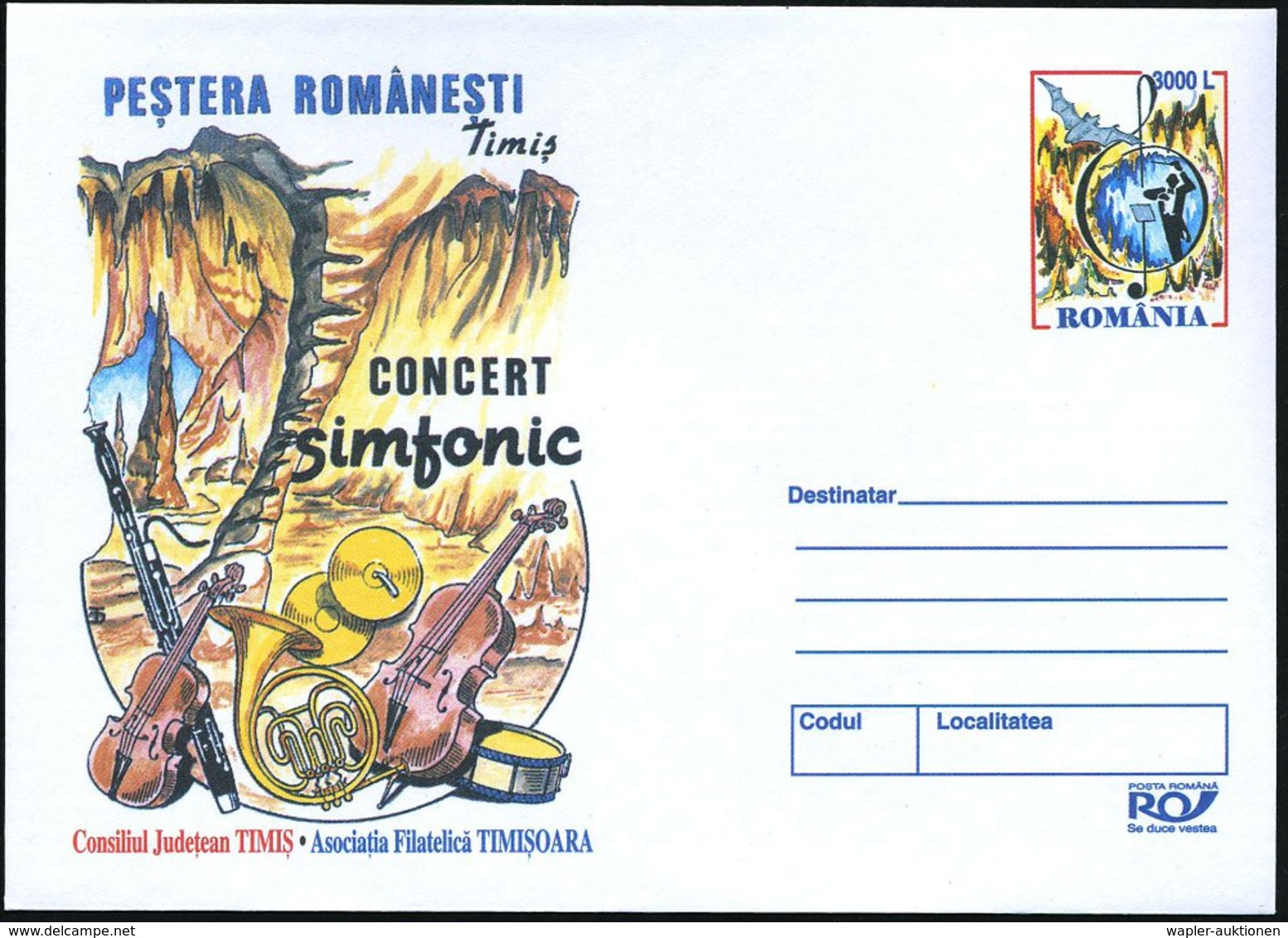 2003 RUMÄNIEN, 3000 L. Sonderganzsachen-Umschlag: Symphonisches Konzert In Der Romanesti-Höhle Mit Fledermaus U. Musik-I - Other & Unclassified