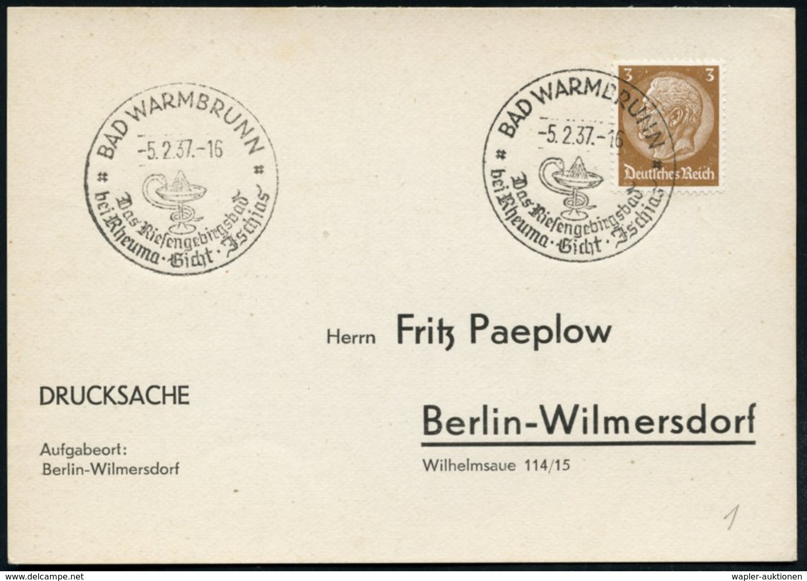 1937 (5.2.) BAD WARMBRUNN, Hand-Werbestempel: Das Riesengebirgsbad Bei Rheuma, Gicht, Jschias = Schlange U. Brunnen, Inl - Other & Unclassified