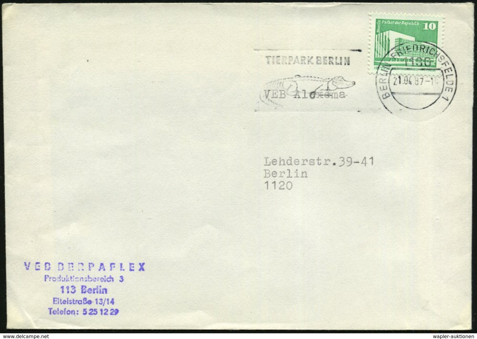 1987 (21.4.) 1136 BERLIN-FRIEDRICHSFELDE 1, Maschinen-Werbestempel: TIERPARK BERLIN = Krokodil, Firmenbrief - Reptiline, - Altri & Non Classificati