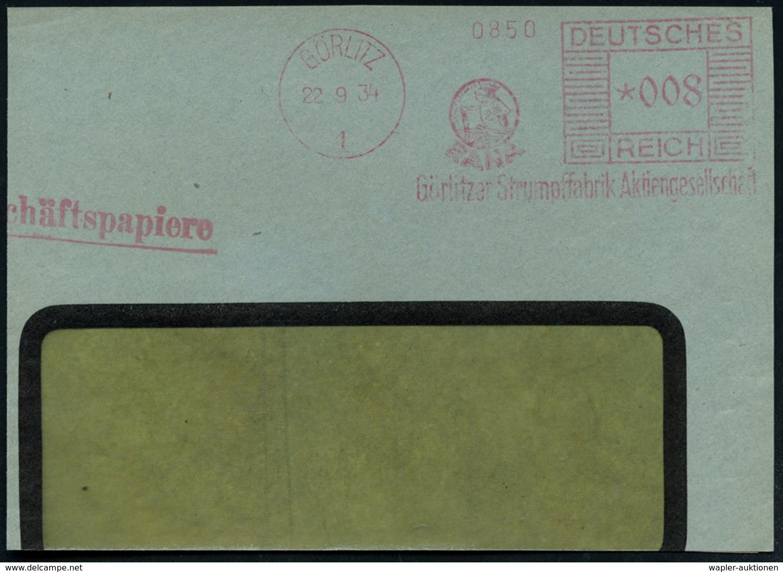 1934 (22.9.) GÖRLITZ 1, Absender-Freistempel Mäanderrechteck: Görlitzer Strumpffabrik AG = Froschkönig, Teil-Vorderseite - Other & Unclassified