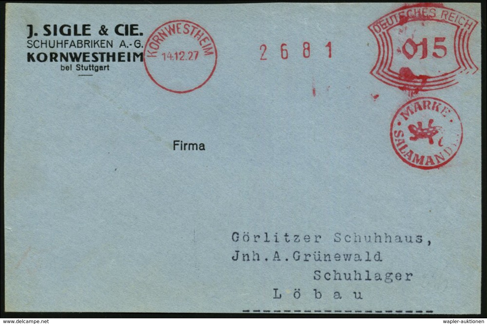 1927 (14.12.) KORNWESTHEIM, Absender-Freistempel: MARKE SALAMANDER = Salamander, Kleine Firmen-Vorderseite: J. SIGLE & C - Other & Unclassified