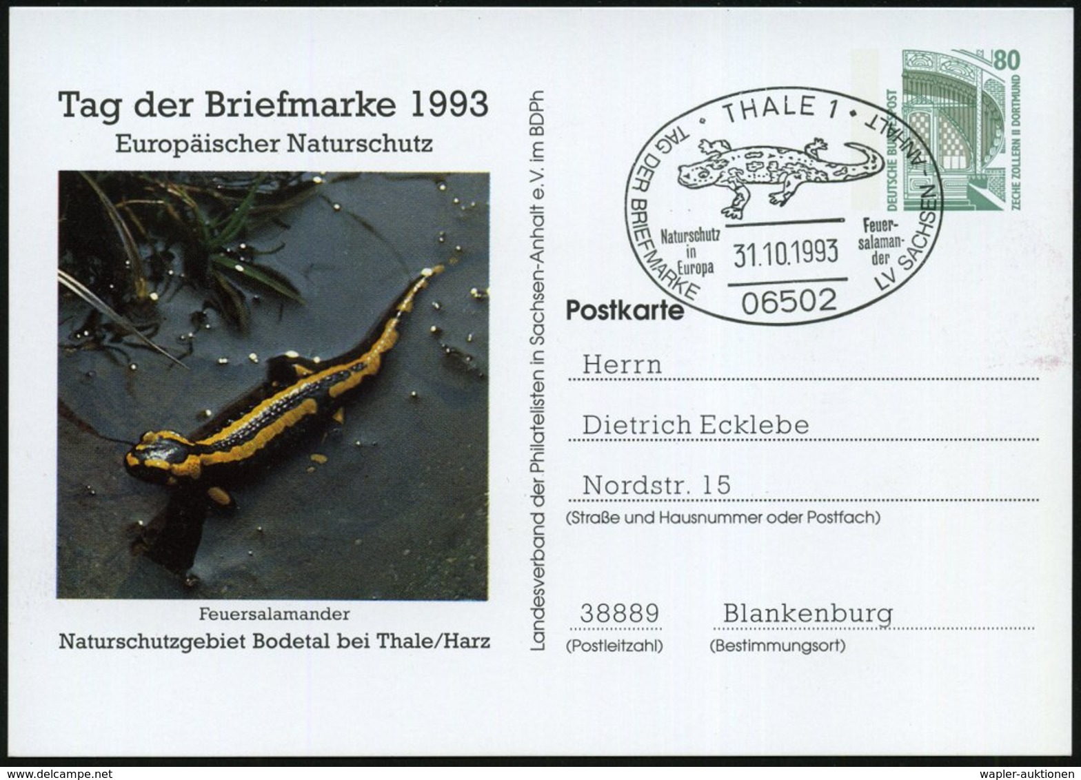 1993 (31.10.) 06502 THALE 1, PP 80 Pf. Bauwerke: Tag Der Briefmarke, Naturschutzgebiet Bodetal.. = Feuersalamander + Mot - Sonstige & Ohne Zuordnung