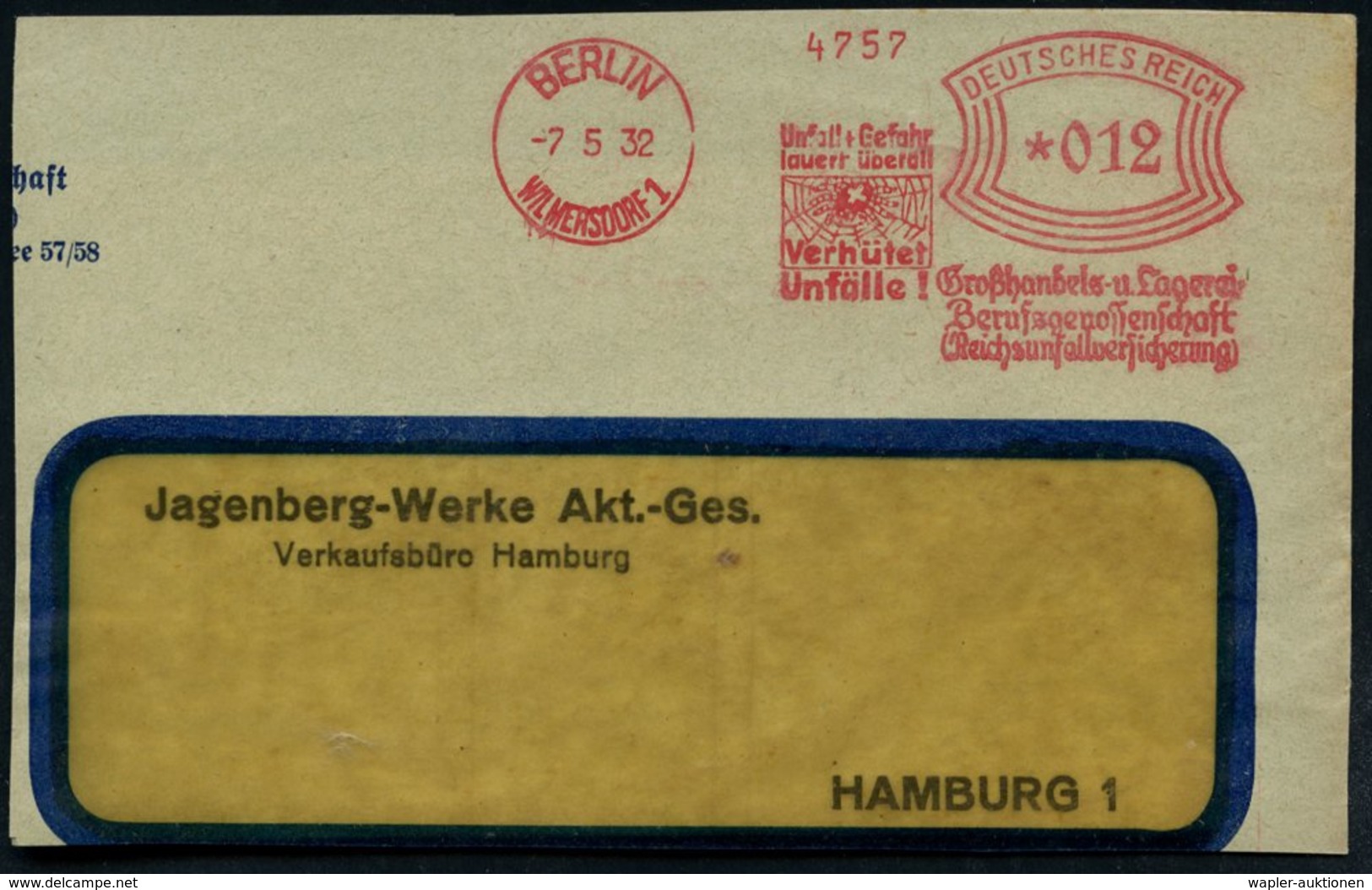 1932 (7.5.) BERLIN-WILMERSDORF 1, Absender-Freistempel: ..Verhütet Unfälle!, Großhandels- U. Lagerei Berufsgenossenschaf - Other & Unclassified