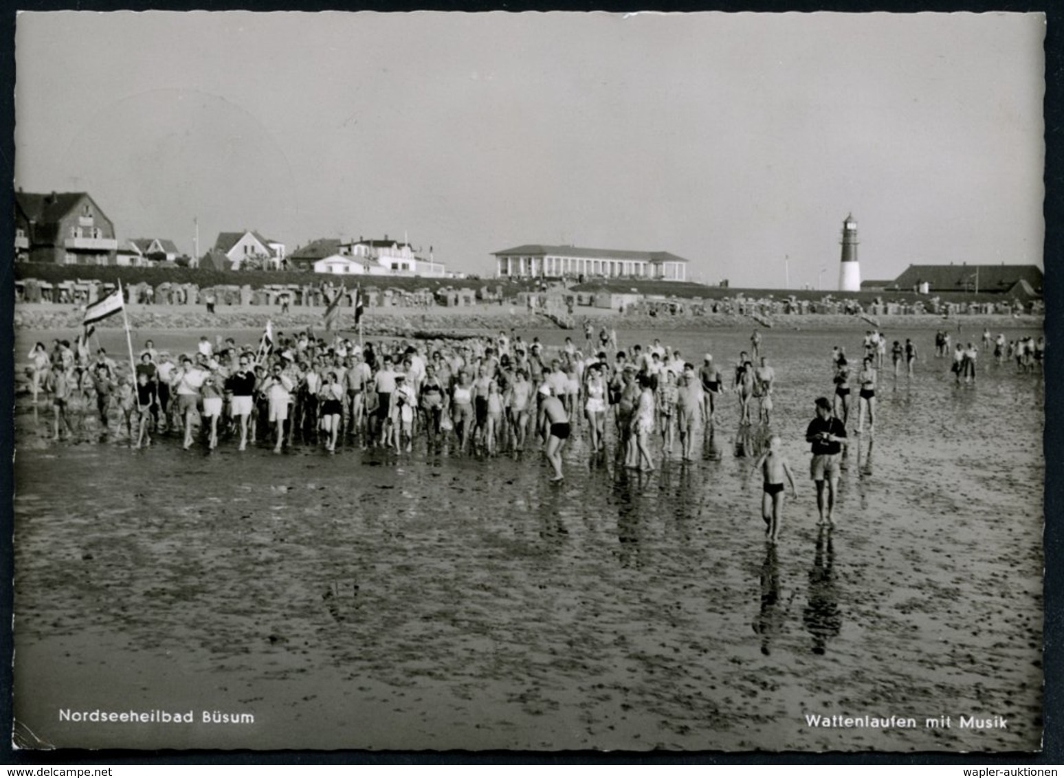 1959 (24 B) BÜSUM, Handwerbestempel: 120 JAHRE SEEBAD = Garnele In Strandkorb, Bedarfs-Ak.: Büsum, Wattlaufen Mit Musik  - Other & Unclassified