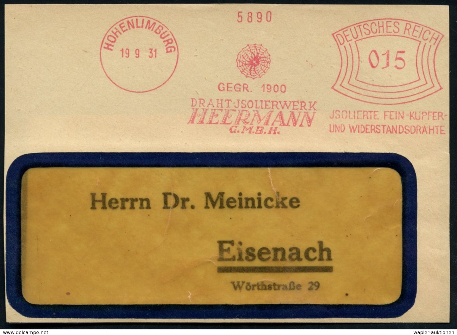 1931 (19.9.) HOHENLIMBURG, Absender-Freistempel: DRAHT-ISOLIERWERK HEERMANN GMBH.. = Kreuzspinne Im Netz, Kleine Vorders - Other & Unclassified