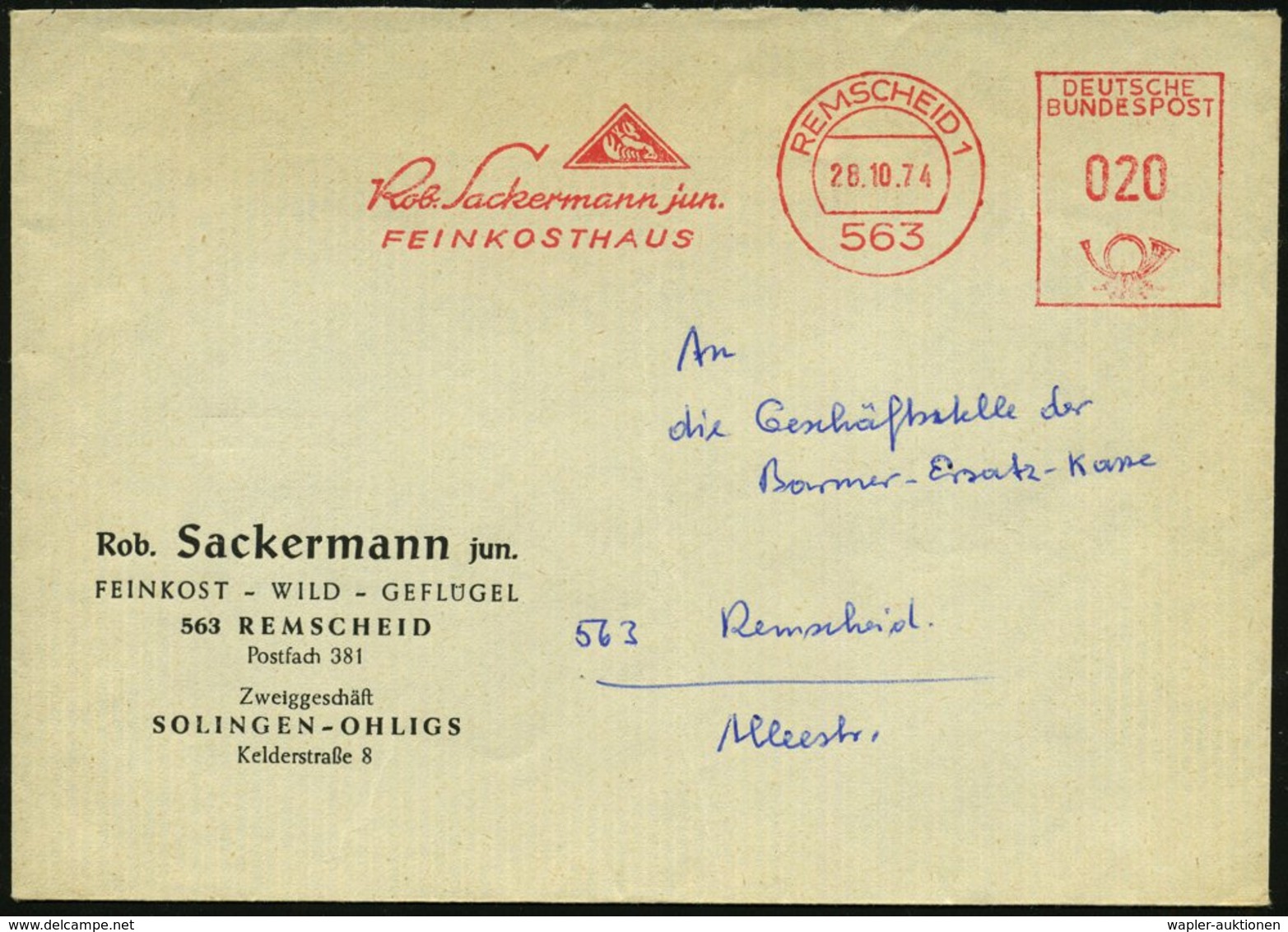 1974 563 REMSCHEID 1, Absender-Freistempel: Rob. Sackermann Jun. FEINKOSTHAUS = Hummer, Firmenbrief - Gliederfüsser, Spi - Other & Unclassified