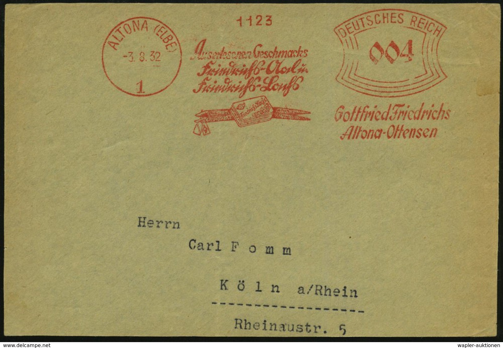 1932 (3.8.) ALTONA (ELBE) 1, Absender-Freistempel: ..Friedrichs-Aal U. Friedrichs-Lachs, Gottfried Friedrichs = 2 Aale,  - Other & Unclassified