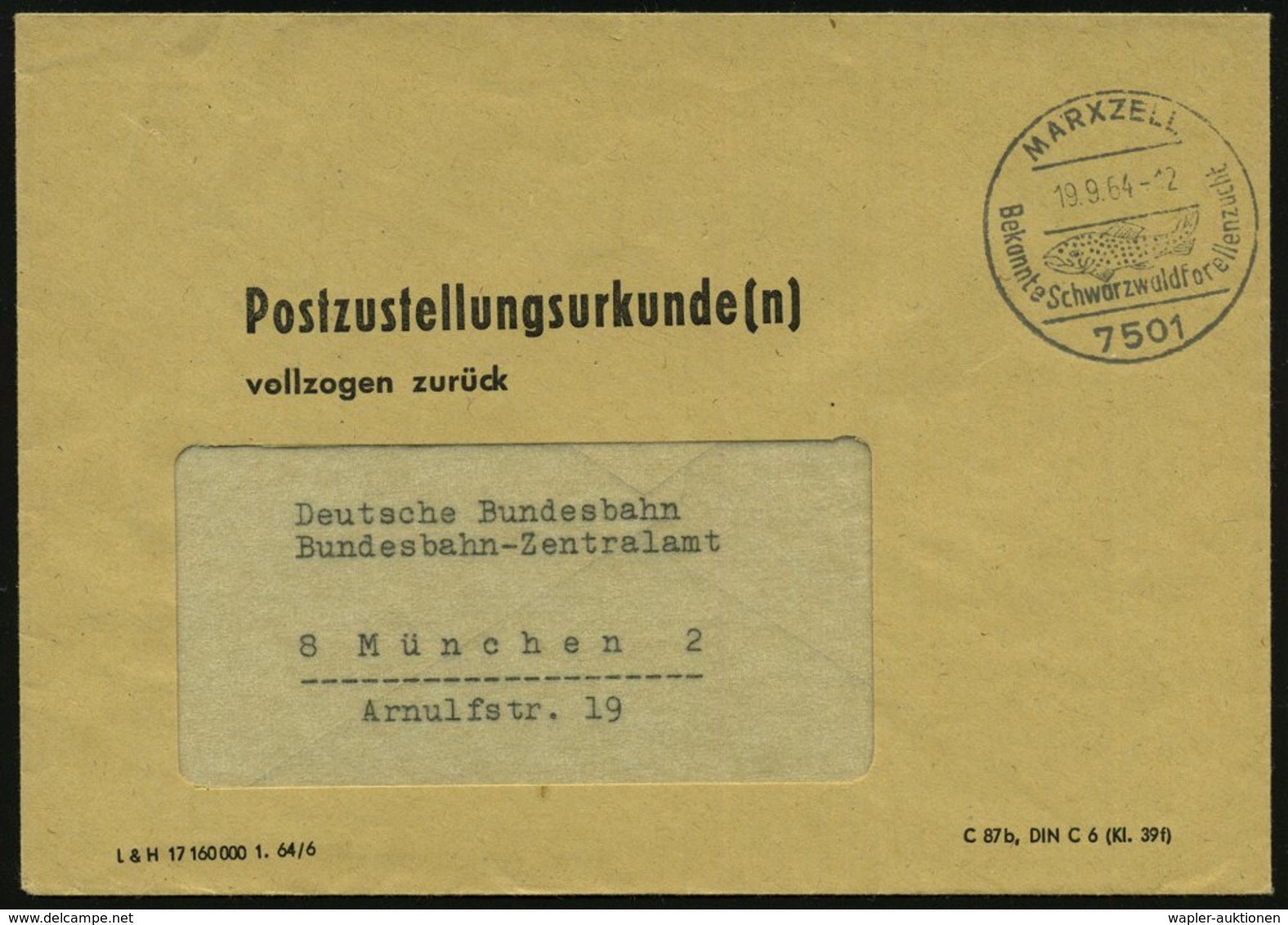 1964 (19.9.) 7501 MARXZELL, Handwerbestempel: Bekannte Schwarzwaldforellenzucht = Forelle, Markenlose Postzustellungsurk - Autres & Non Classés