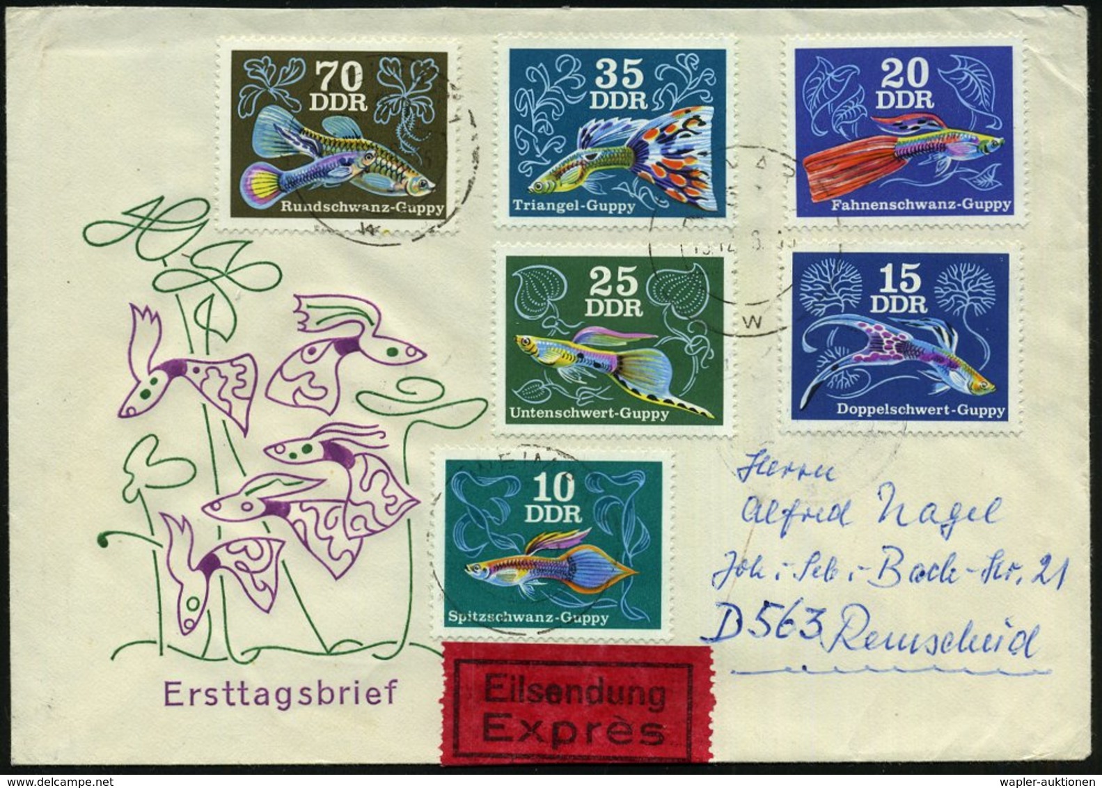 1976 DDR, "Guppys", Kompl. Satz = Zierfische, Passender Sonderumschlag, BRD-Eil-Brief, Rs. Ank.Stempel (Mi.2176/81) - Fi - Altri & Non Classificati