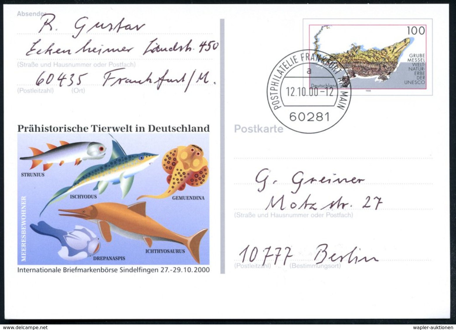 2000 (12.10.) B.R.D., 100 Pf. Sonder-Ganzsache: Grube Messe UNESCO Weltkulturerbe = Prähistor. Fische + ET-Stempel 60281 - Other & Unclassified