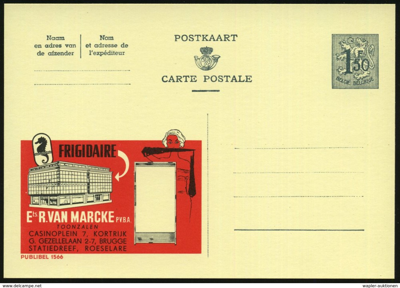 1959 BELGIEN. 1.50 F. Publibel-Ganzsache: FRIDGIDAIRE Ets. R. VAN MARCKE.. Kühlschrank, Seepferdchen Etc., Ungebr. (Mi.P - Autres & Non Classés