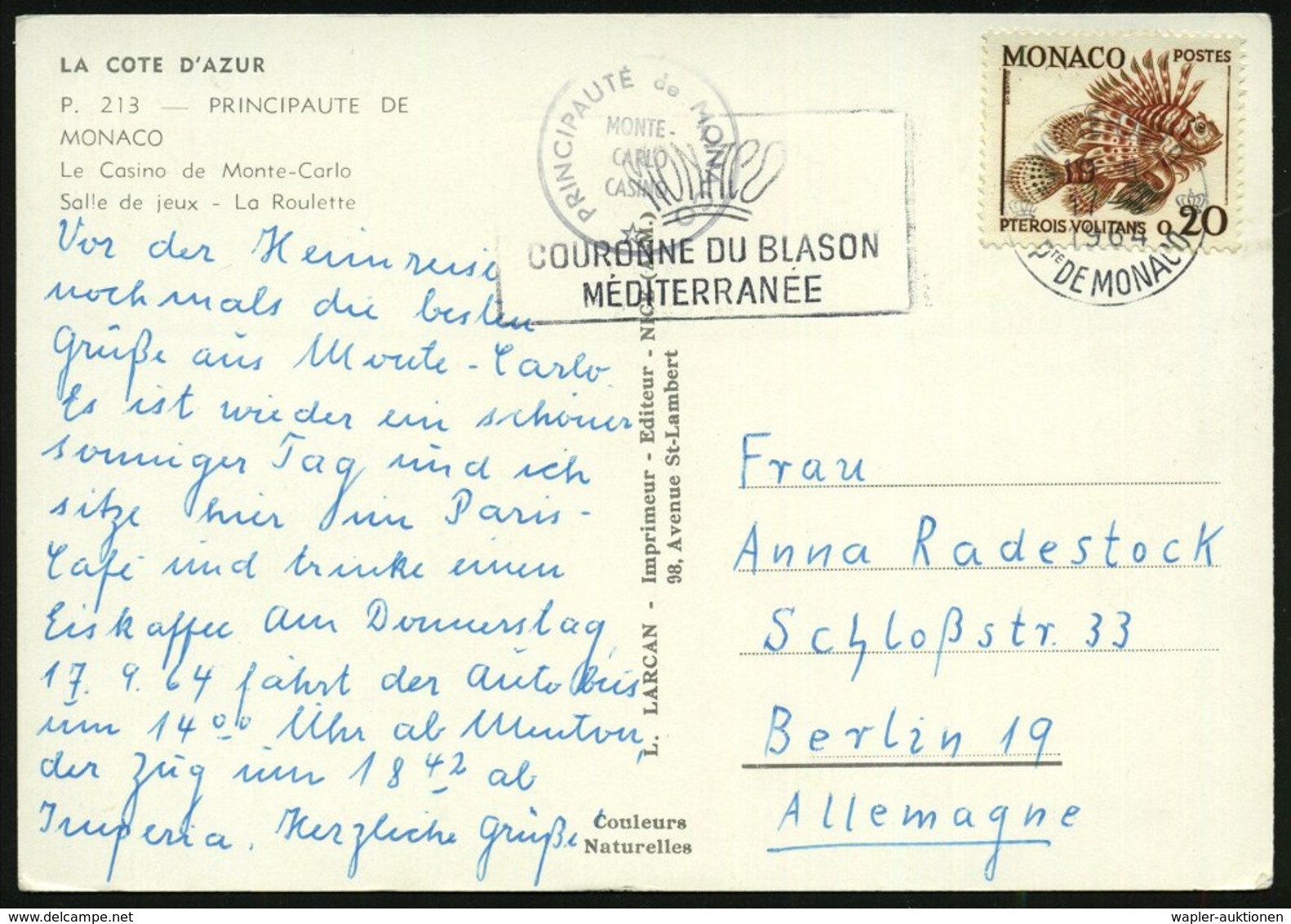 1964 MONACO, 0,20 F. Rotfeuerfisch, EF, Bedarfs-Ausl.-Color-Ak.: Spielbank (Mi.652 EF) - Fisch / Fish / Poisson / Pesce - Other & Unclassified