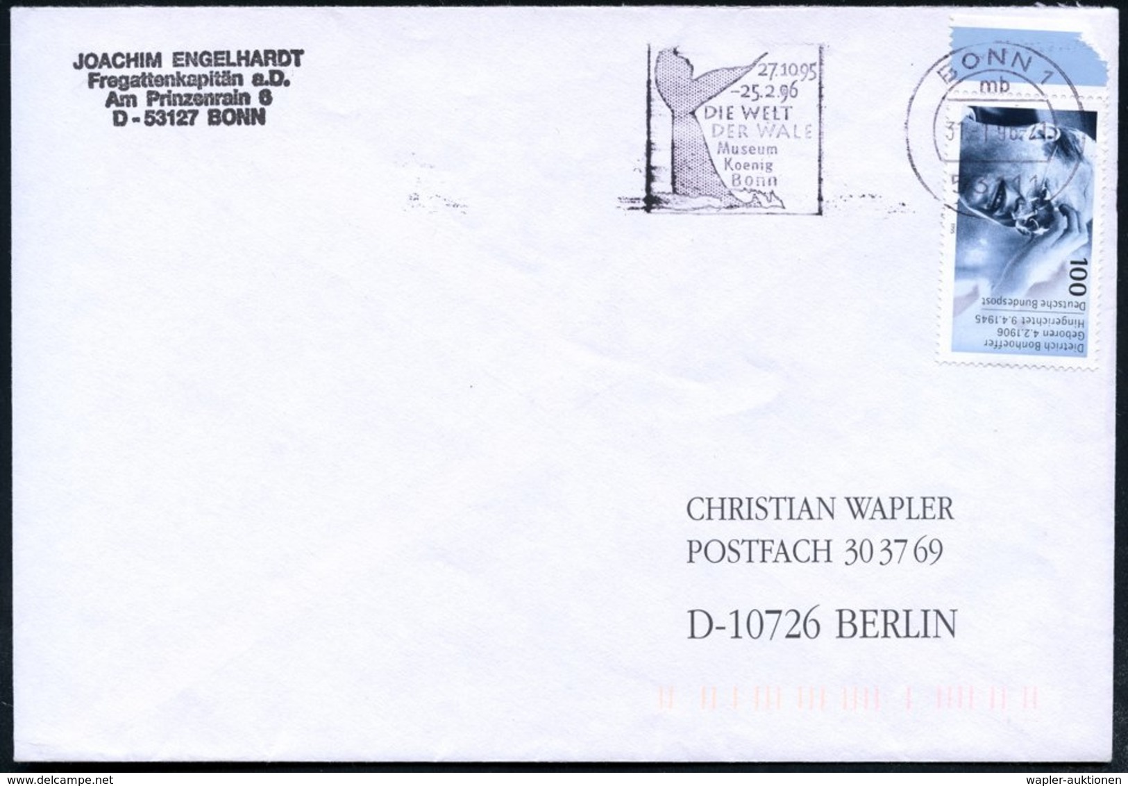 1996 53111 BONN 1, Maschinen-Werbestempel: DIE WELT DER WALE, Museum Koenig Bonn (tauchender Wal) Bedarfsbrief - Wal & D - Other & Unclassified